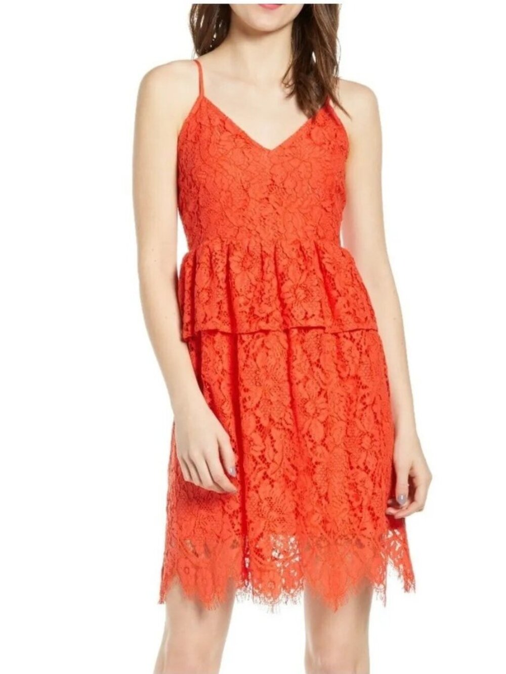 Endless Rose Peplum Dress Full Orange Lace Size S Linen-Cotton Lined Sleeveless